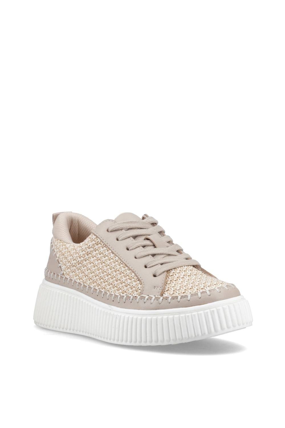 Taupe woven trainer with a textured upper, featuring a lace-up design and a chunky white sole for added comfort and style.