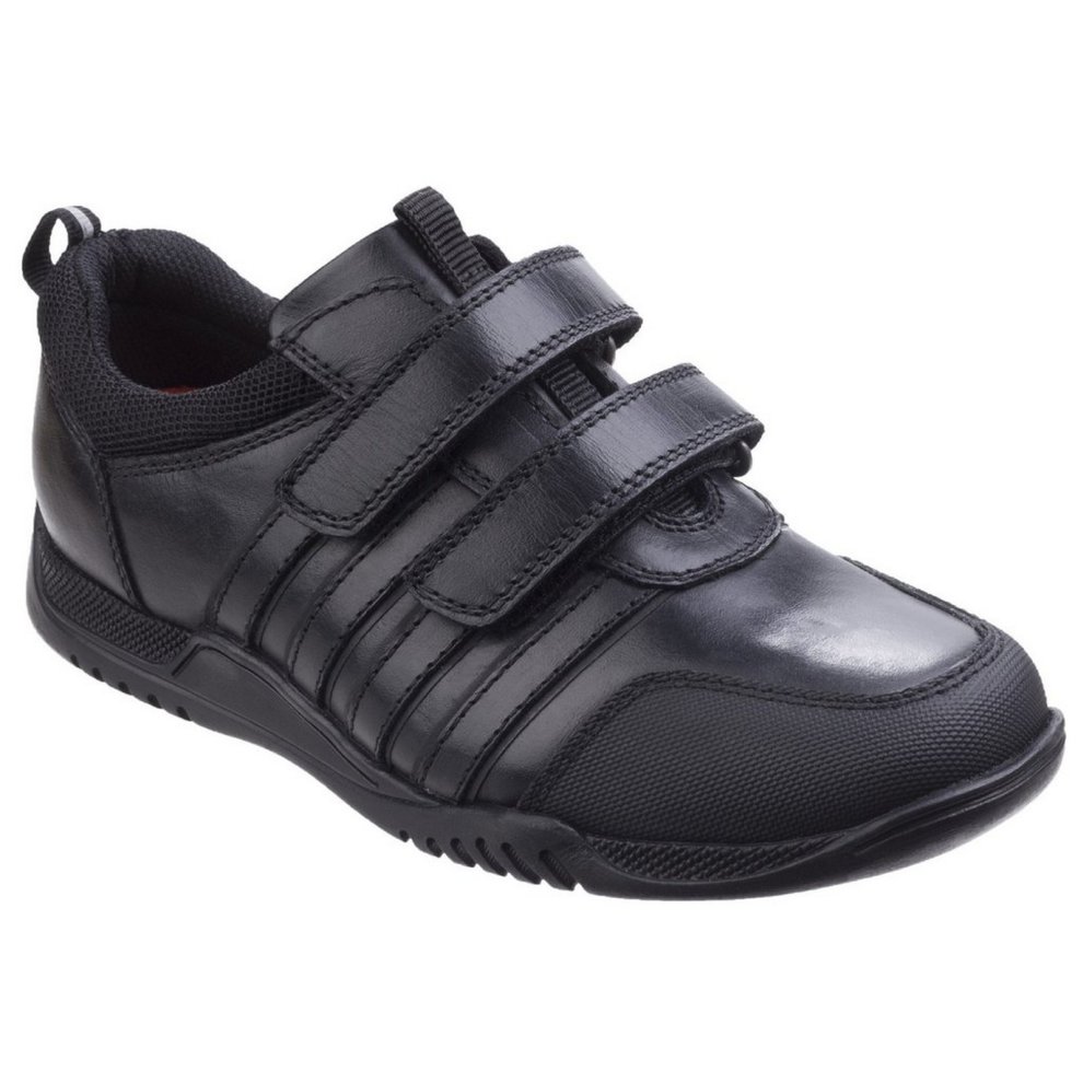 Black leather children's shoes with two adjustable Velcro straps, a rounded toe, and a textured rubber sole, designed for infants in UK size 5.