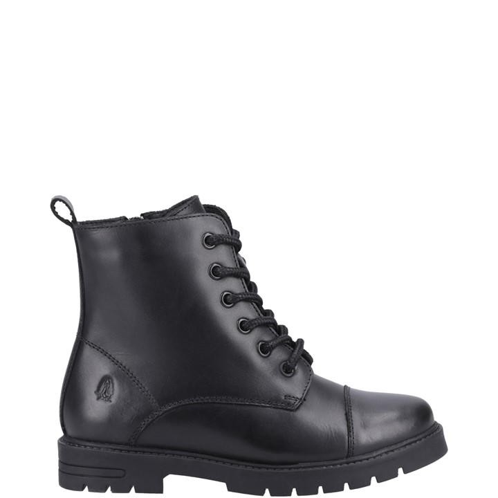 Black leather junior boots featuring a lace-up front, sturdy sole, and a pull tab at the back, designed for comfort and style by Hush Puppies.