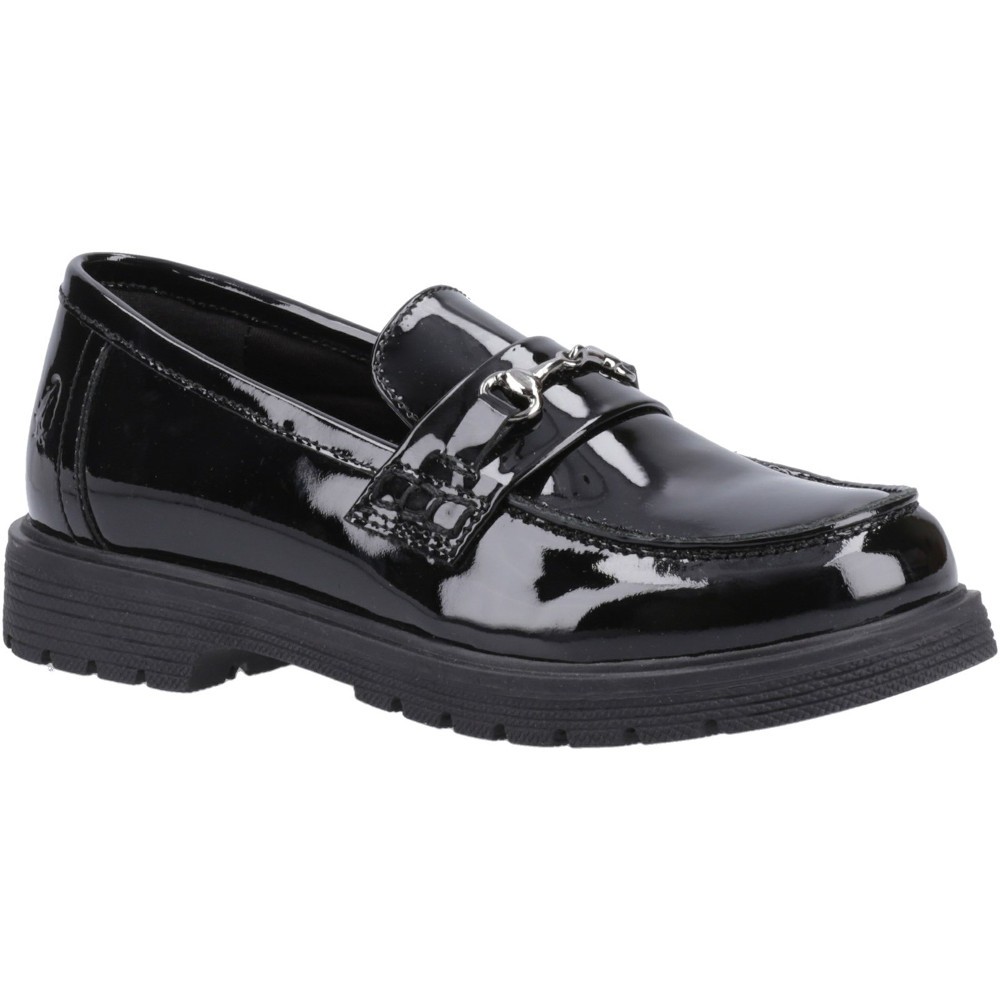 Black patent leather loafers featuring a shiny finish, a decorative strap with a silver buckle, and a sturdy rubber sole for youth.