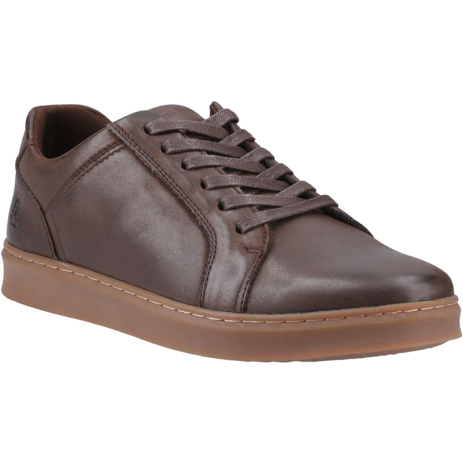Brown leather Hush Puppies Madden shoes with a smooth finish, featuring a lace-up design and a light brown rubber sole, size 6.