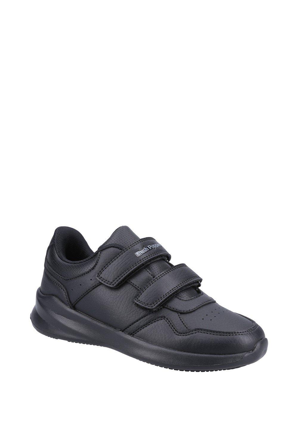 Black polyurethane shoes with a smooth finish, featuring two adjustable Velcro straps, a padded collar, and a cushioned sole for comfort.