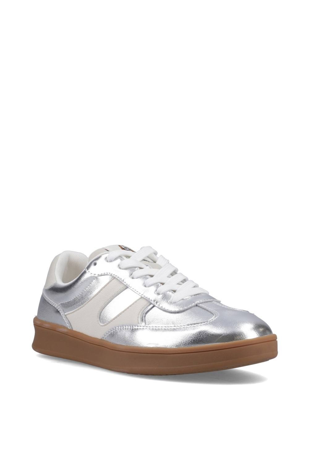 Silver metallic sneaker with white accents, featuring a lace-up design, cushioned insole, and a brown rubber sole for added traction.