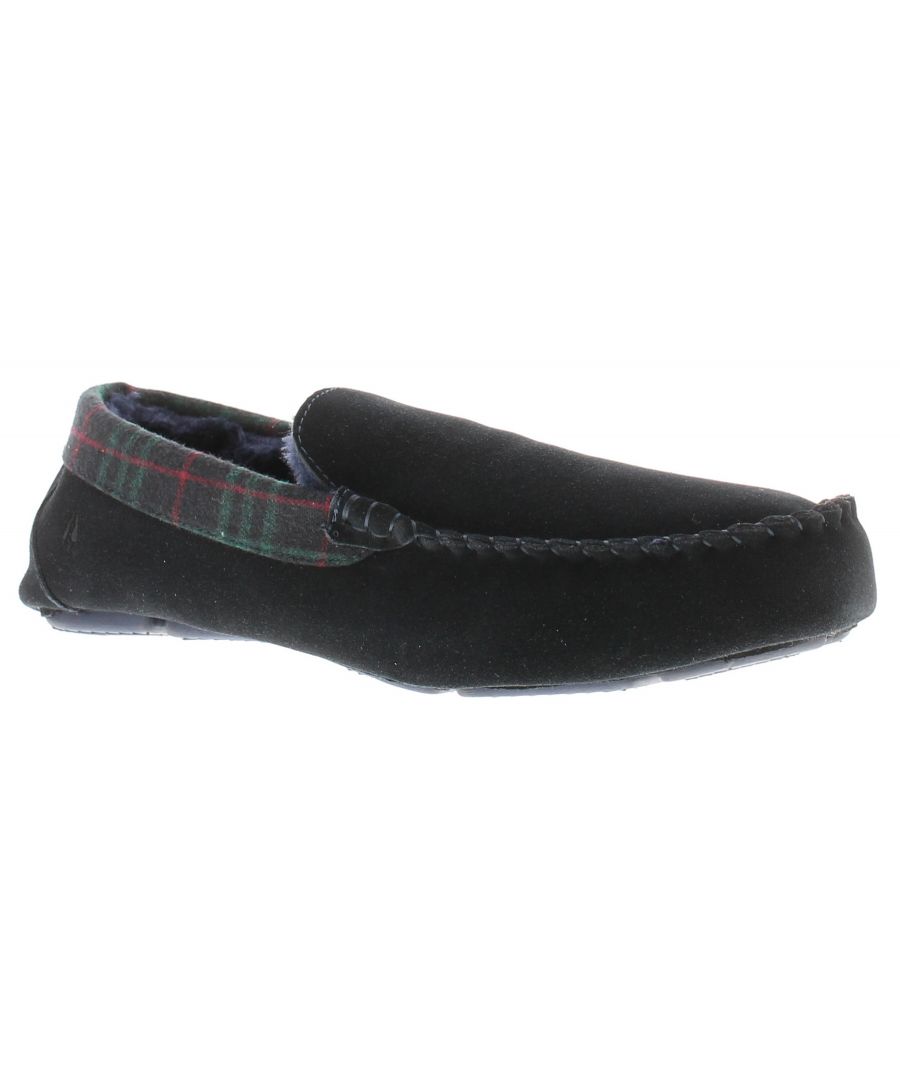 Navy suede men's slipper featuring a plaid fabric lining, decorative stitching, and a flexible rubber sole for comfort and style.