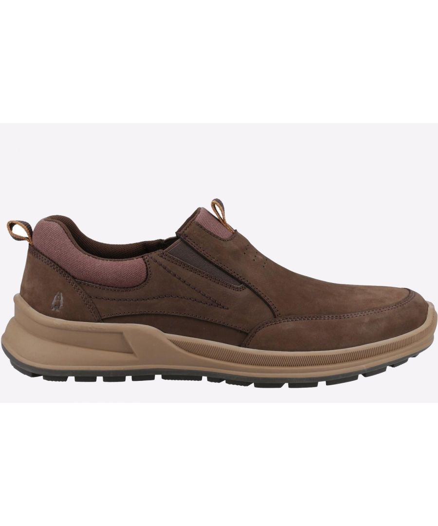 Brown slip-on summer shoes by Hush Puppies featuring a smooth leather upper, elastic side panels, and a cushioned sole for comfort, size 6.