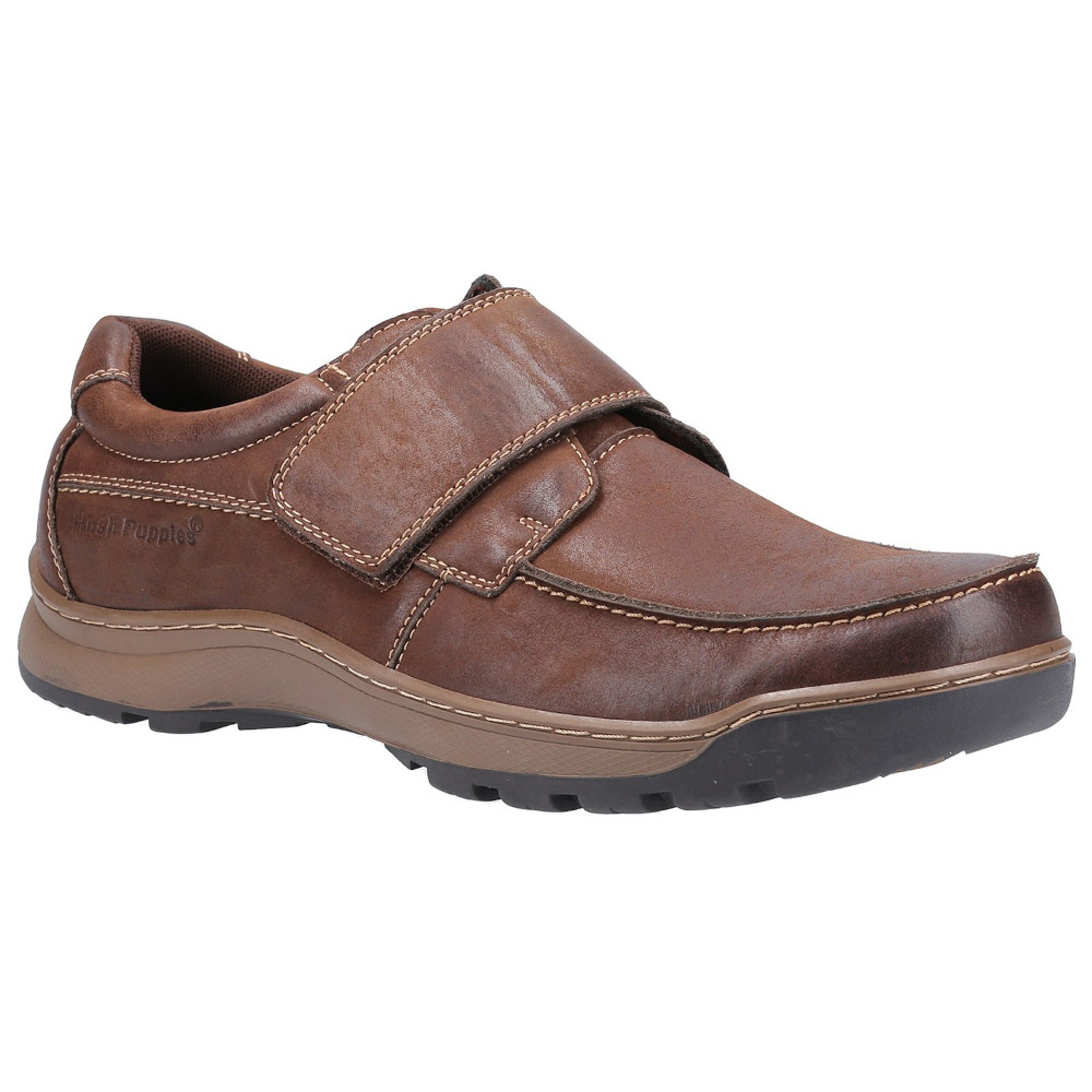 Brown leather touch fastening shoes for men by Hush Puppies, featuring a Velcro strap, cushioned insole, and durable rubber sole, size 6.