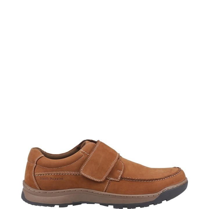 Tan leather Hush Puppies men's shoes featuring a touch fastening strap, cushioned insole, and a durable rubber outsole, size 6.