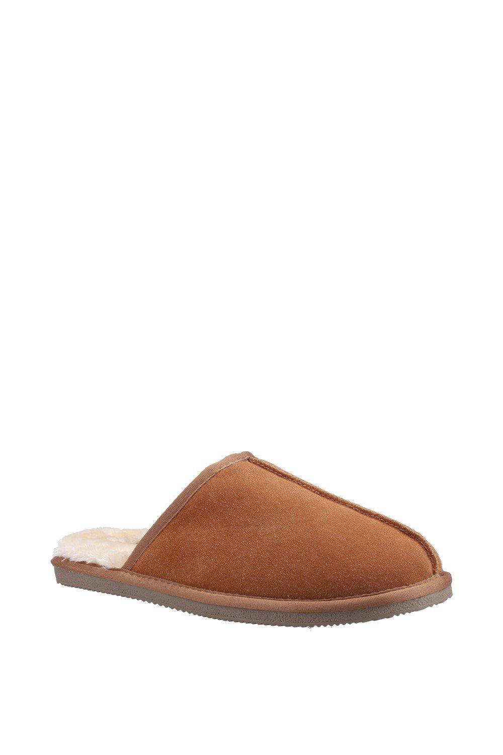 Tan suede classic slippers with a soft, plush lining, featuring a simple slip-on design and a durable rubber sole, available in size 6.