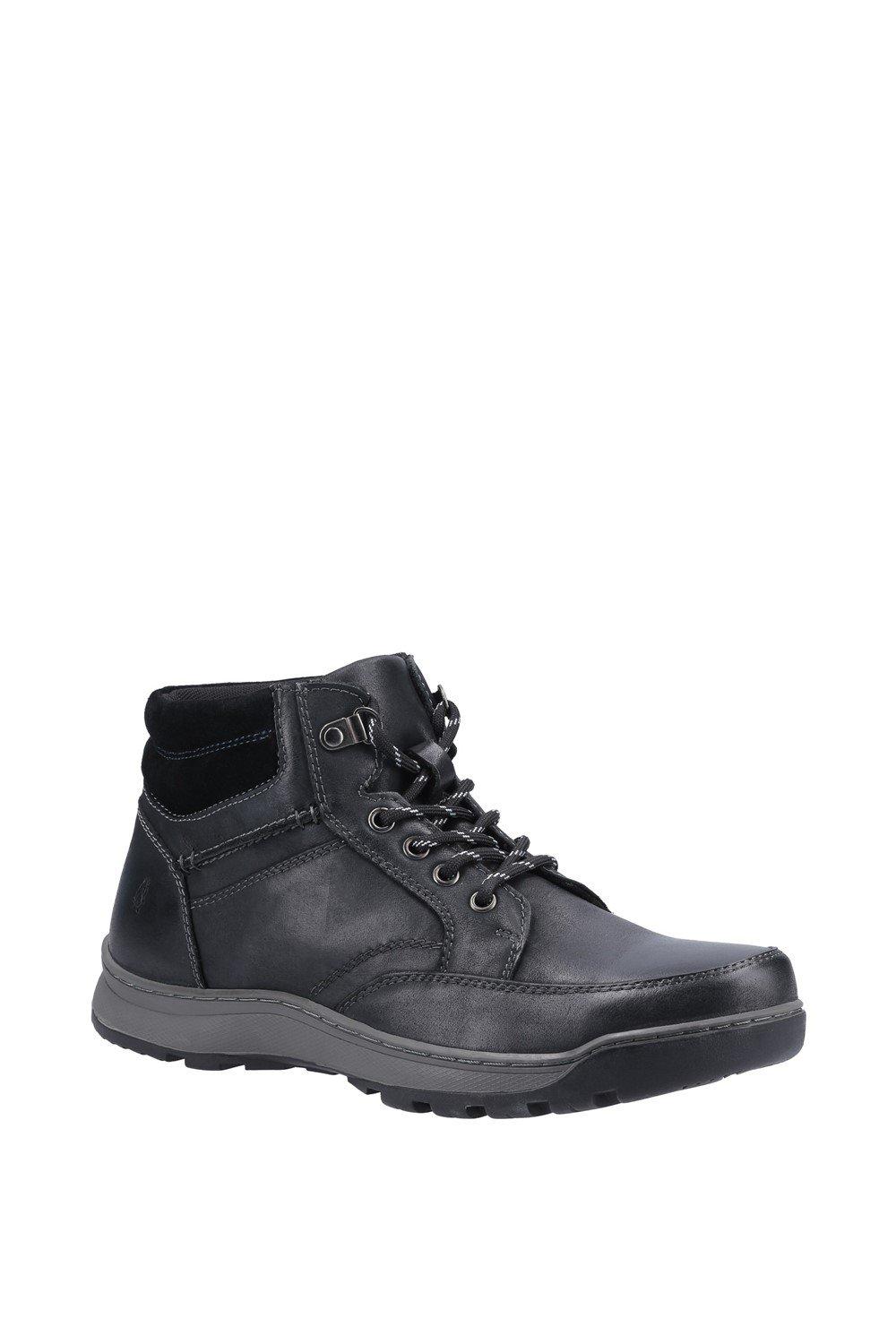 Black leather Hush Puppies 'Grover' boots feature a lace-up design, padded collar, and rubber sole, available in size 6.