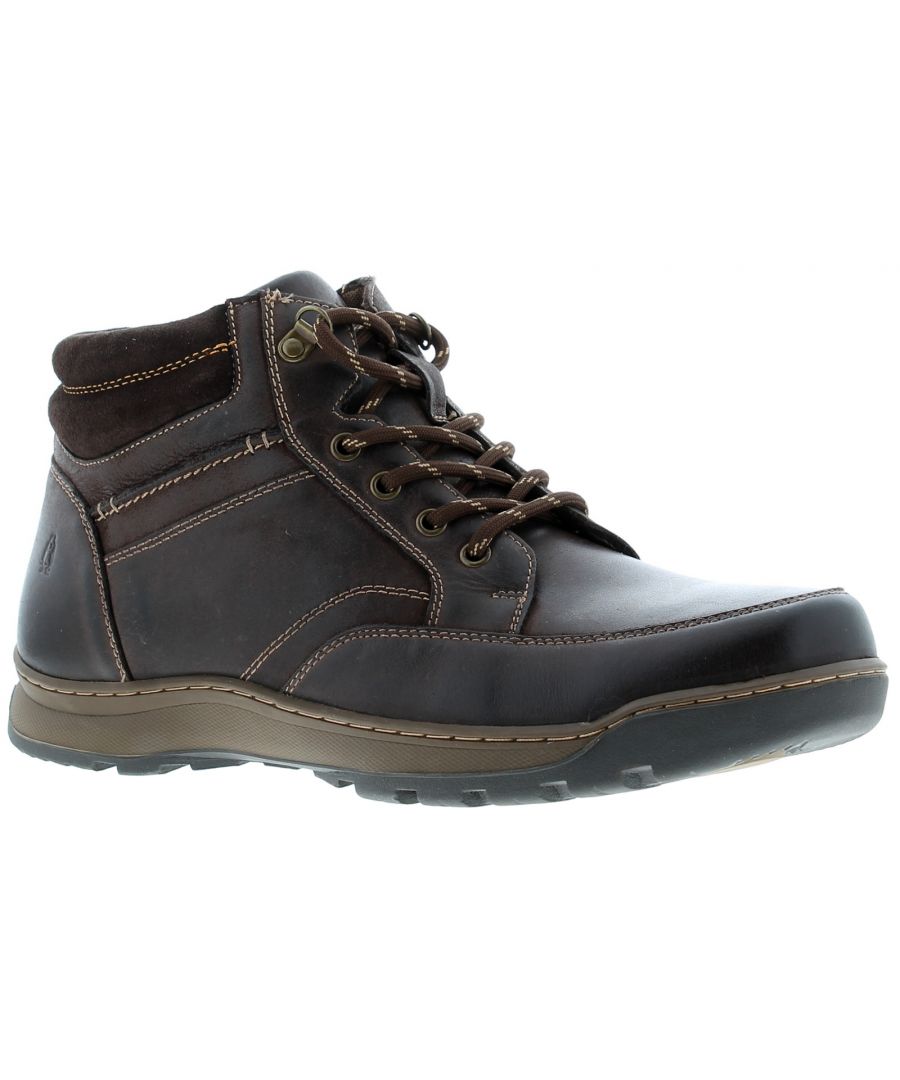 Brown leather Hush Puppies 'Grover' classic boots featuring a mid-top design, lace-up front, padded collar, and durable rubber sole, available in size 6.