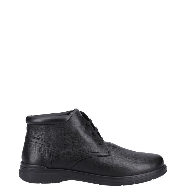 Black leather ankle boots with a smooth finish, featuring a lace-up design, padded collar, and a durable rubber sole for comfort and style.