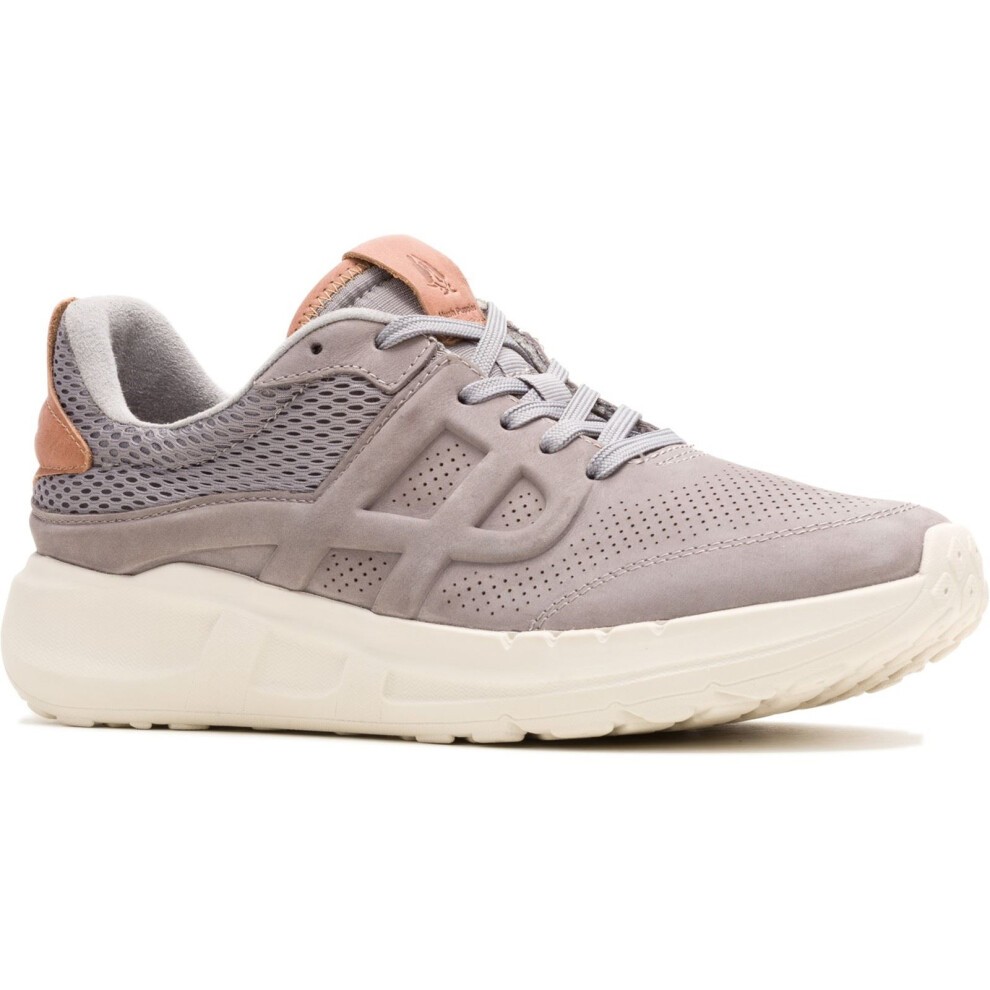 Grey Hush Puppies Men Seventy8 Runner sneaker featuring a mix of suede and mesh materials, with a tan leather accent on the heel and a chunky white sole, size 6.