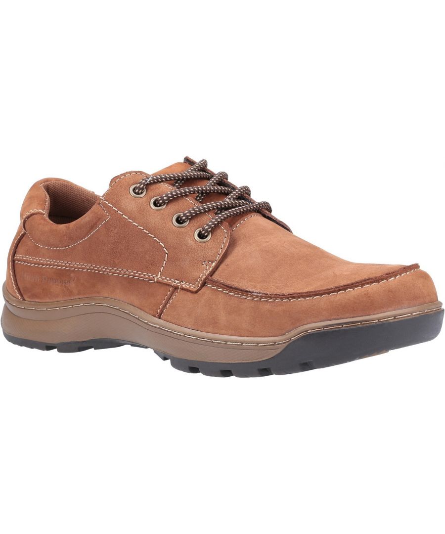 Tan nubuck lace-up shoe featuring a padded collar, contrasting stitching, and a durable rubber sole, designed for comfort and casual style.