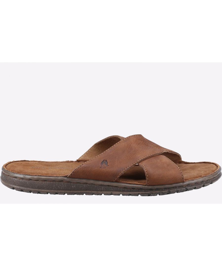 Brown leather Hush Puppies men's Nile cross-over sandal featuring a cushioned footbed, textured sole, and stylish crisscross straps, available in size 6.