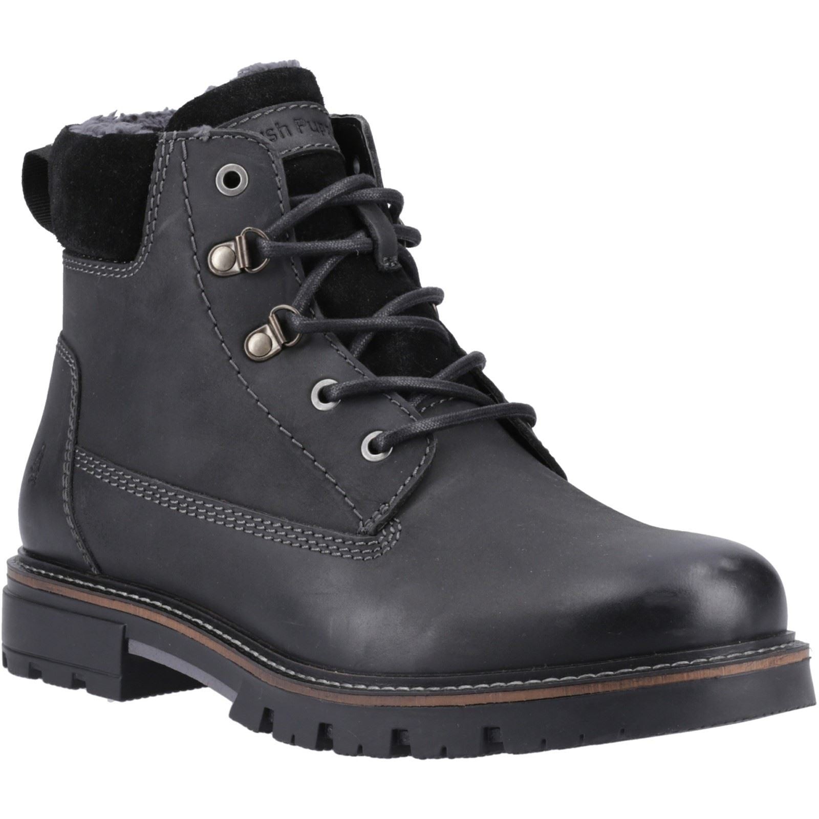 Black leather ankle boots featuring a lace-up design, padded collar, and rugged sole, with contrasting stitching and a soft lining for added comfort.