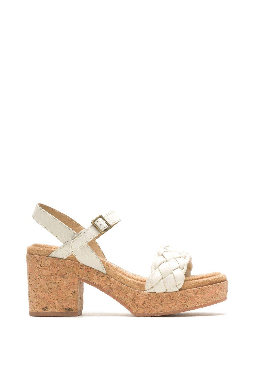 White leather and textile heeled sandals with a quarter strap, featuring a woven front detail and a cork block heel, size UK 3 by Hush Puppies.