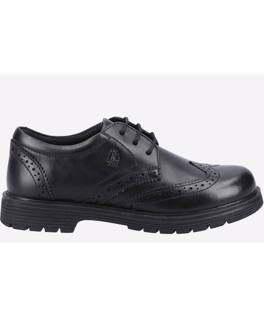 Black leather youth brogues featuring classic wingtip detailing, perforations, and a sturdy rubber sole for durability and style.
