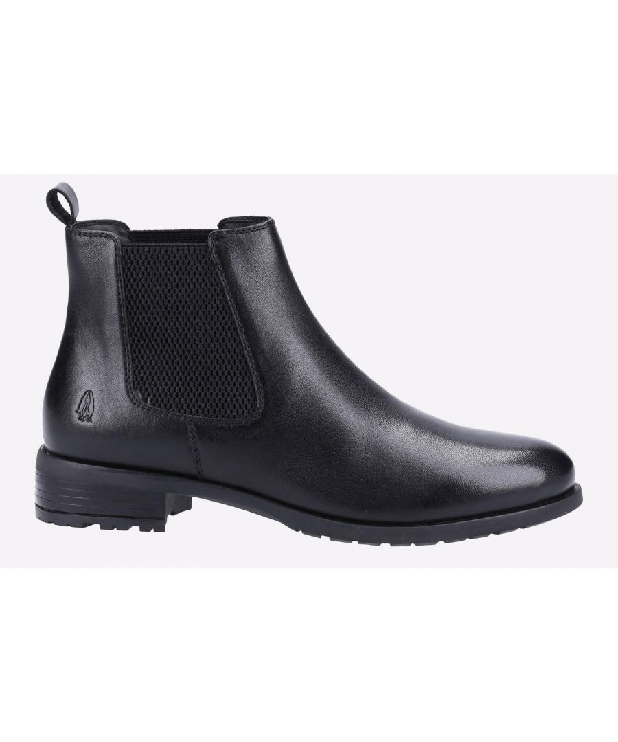 Black leather ankle boot featuring elastic side panels, a pull tab at the heel, and a textured sole for grip, designed for comfort and style.