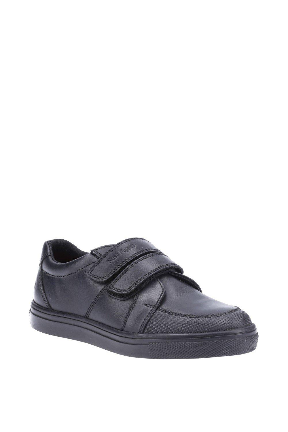 Black leather children's shoes with a velcro strap, featuring a memory foam insole for comfort, designed for junior boys, size UK 10.