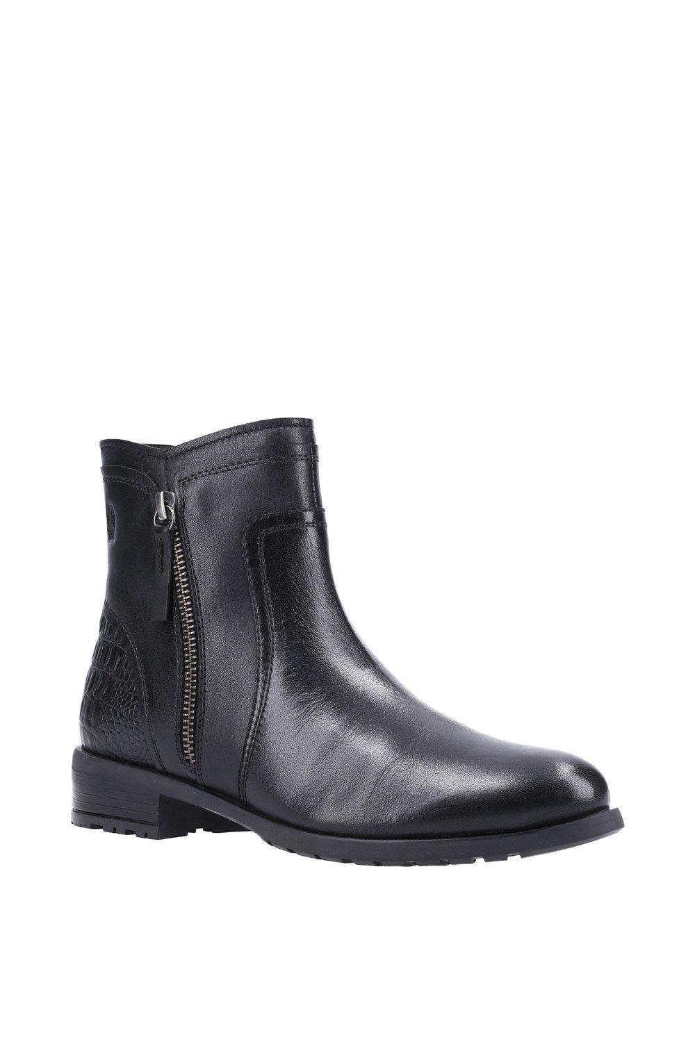 Black leather ankle boots featuring a sleek design, side zipper, and textured panel detailing, ideal for stylish and comfortable wear.