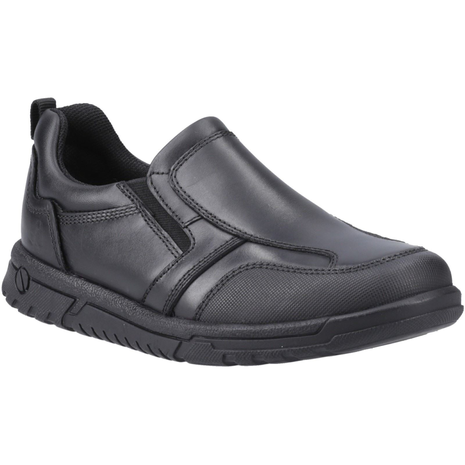 Black slip-on shoe made of smooth leather with elastic side panels, a cushioned insole, and a textured rubber sole for comfort and grip.
