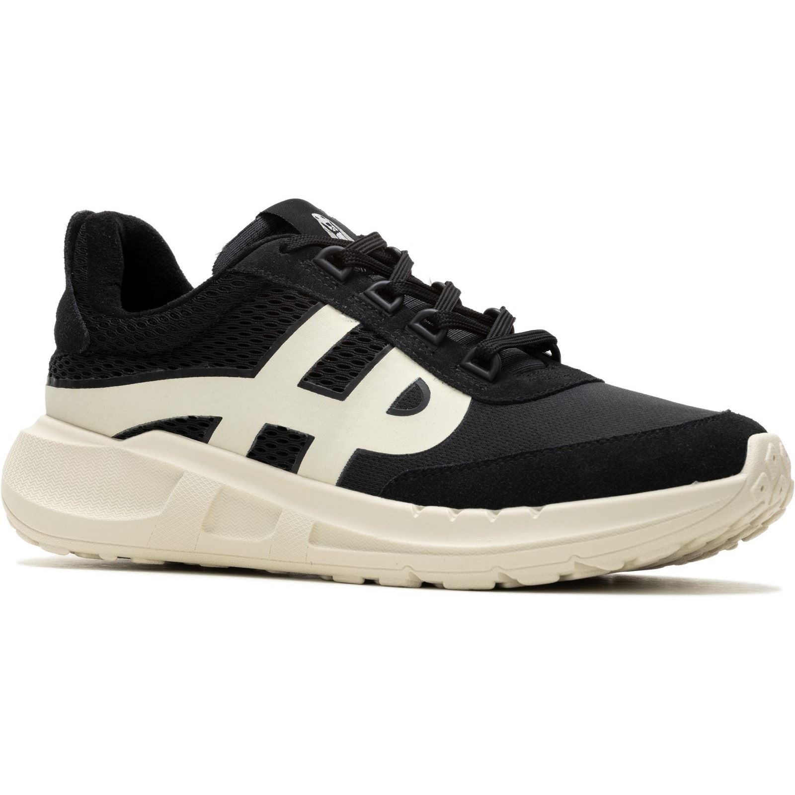 Black retro runner sneakers featuring a mesh upper, prominent white logo, and a cushioned sole, designed for comfort and style, available in size 6.