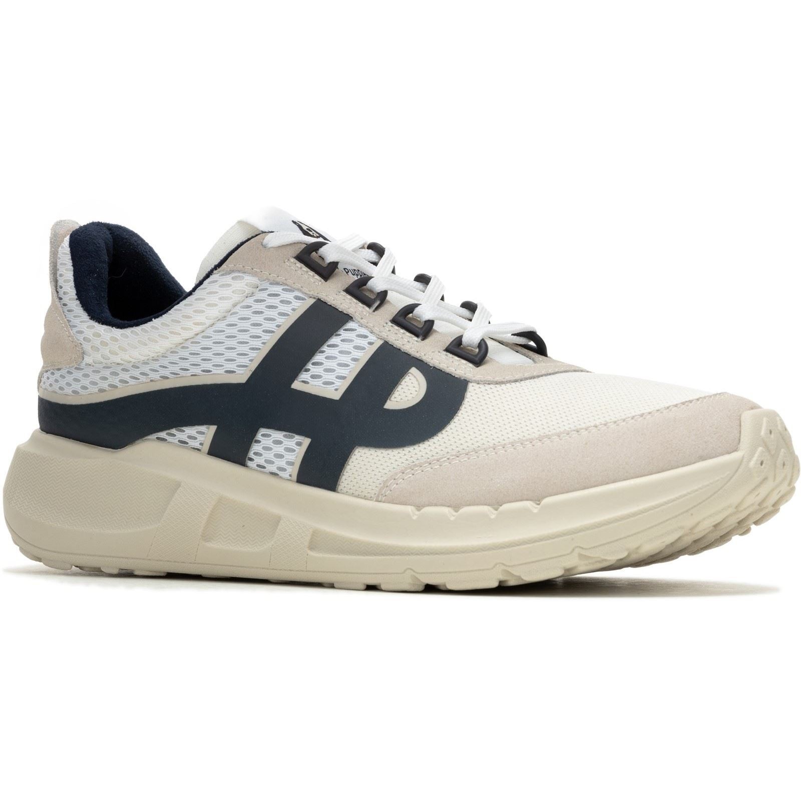 Hush Puppies Men Seventy8 Retro Runner in white, featuring a breathable mesh upper, navy accents, and a chunky cream sole, available in size 6.