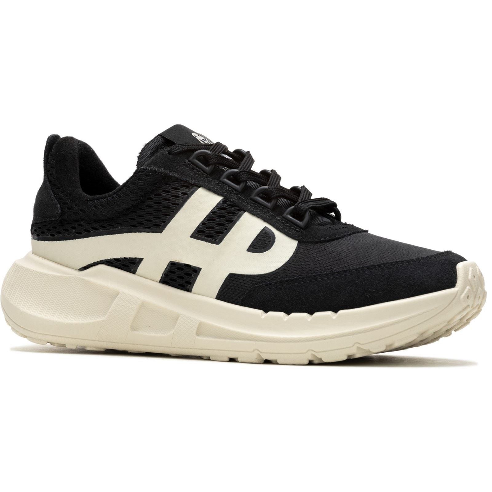 Black retro runner sneakers featuring a chunky white sole, mesh panels, and prominent "HP" logo on the side, designed for comfort and style.
