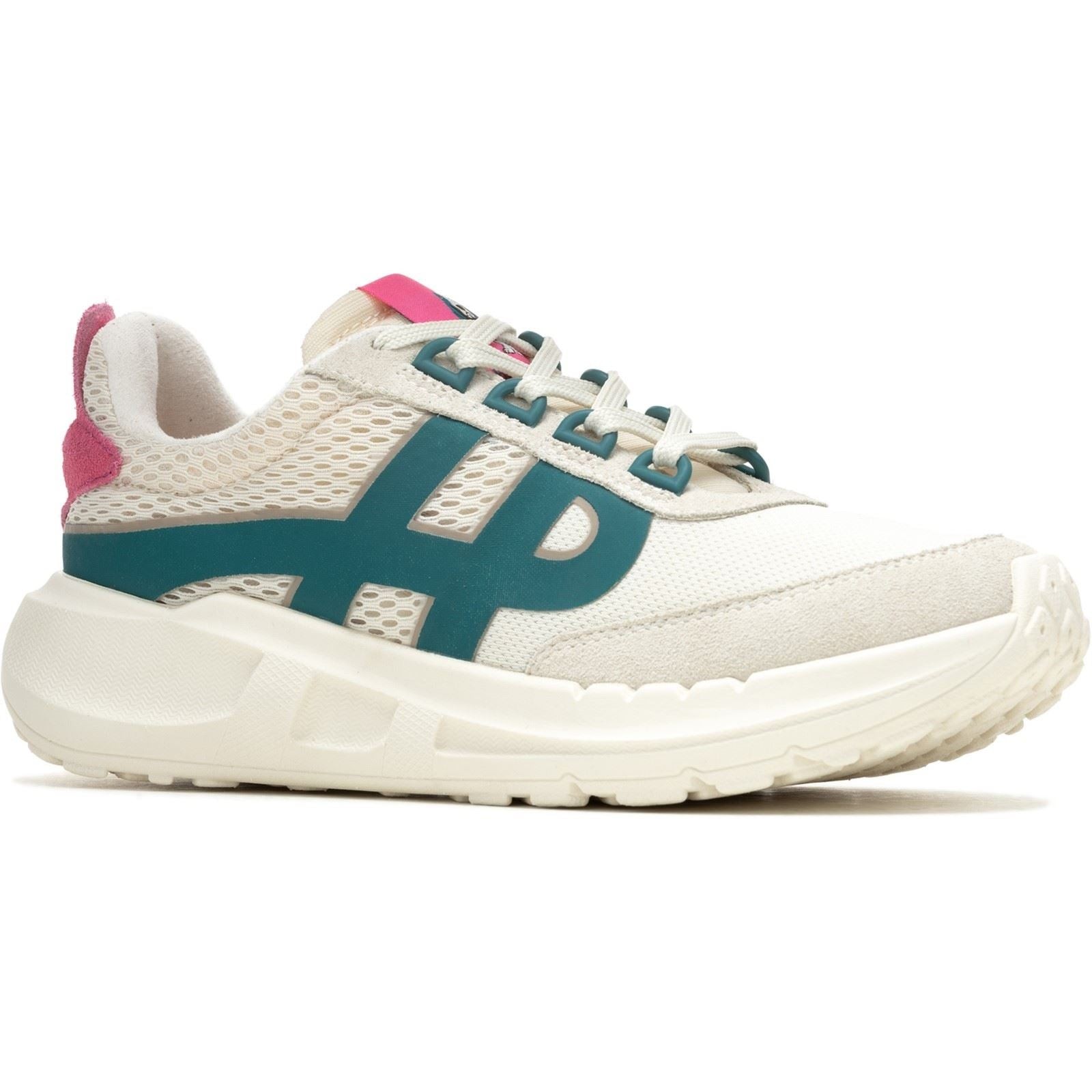 Off-white retro runner sneaker featuring a mesh upper, teal logo detailing, pink heel accents, and a chunky white sole for added comfort and style.
