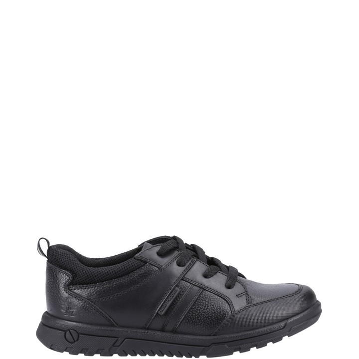 Black Hush Puppies Steven Senior Shoe featuring a textured leather upper, lace-up design, padded collar, and a durable rubber sole for comfort and support.
