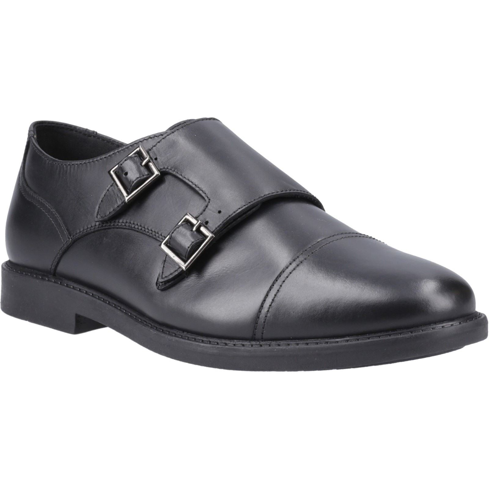 Black leather youth shoes featuring a sleek design, double buckle straps, and a low-profile sole for comfort and style.