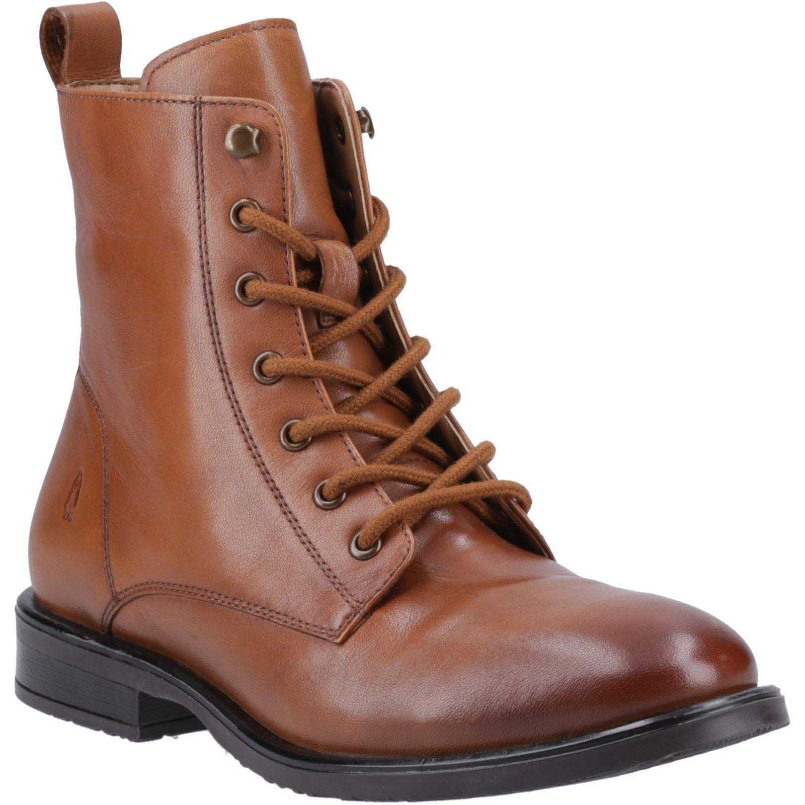 Tan leather ankle boots with a smooth finish, featuring round toe, lace-up front, and a low heel, designed for women's casual wear by Hush Puppies.