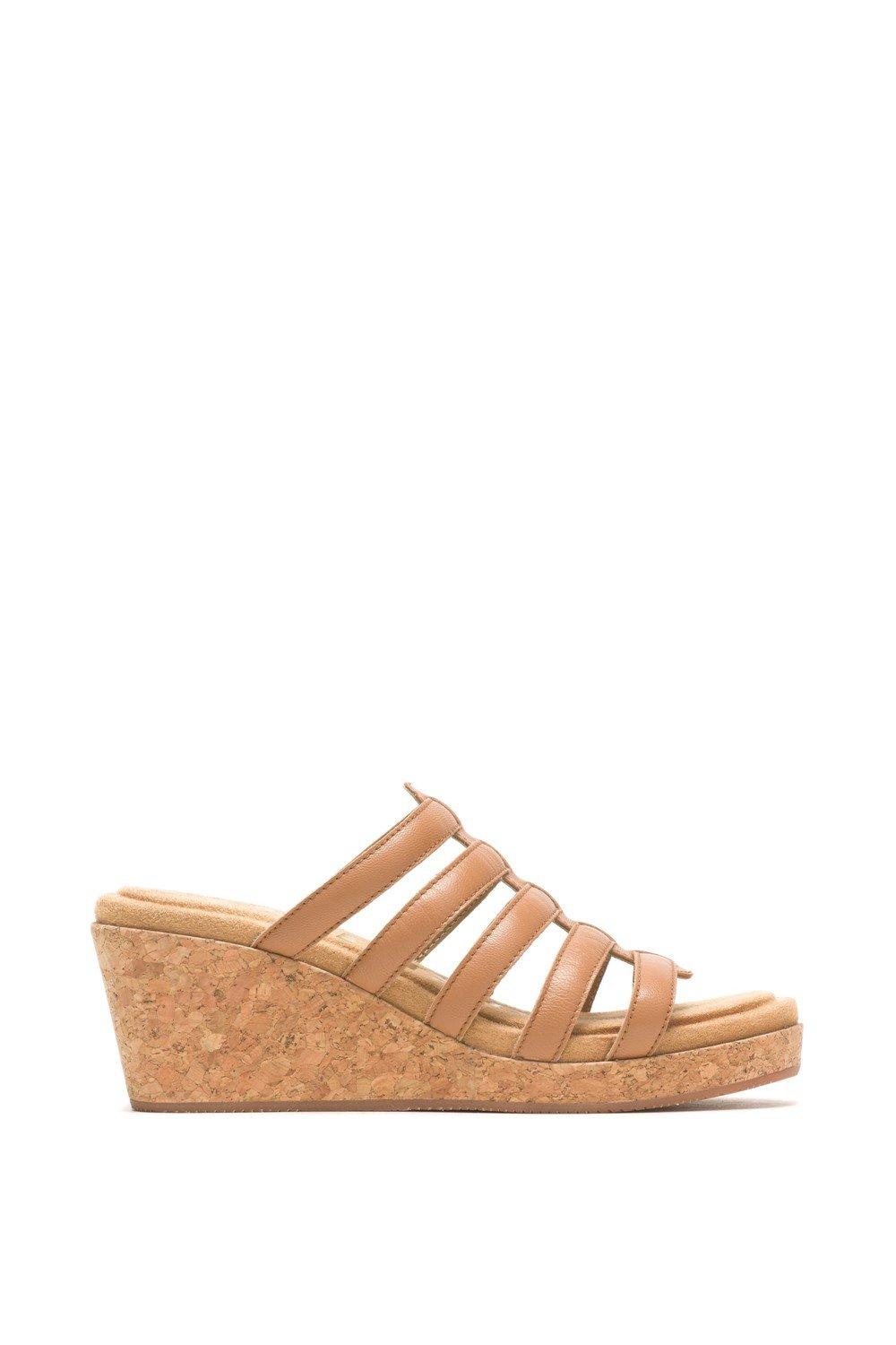 Tan leather and textile heeled sandals with multiple straps and a cork wedge heel, designed for women, size UK 3 by Hush Puppies.