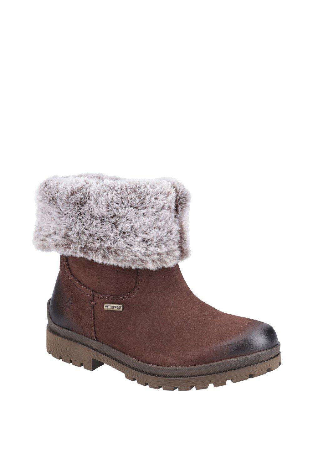 Brown ankle boots with a soft grey faux fur cuff, made of suede-like material, featuring a sturdy rubber sole and a side zipper for easy wear.