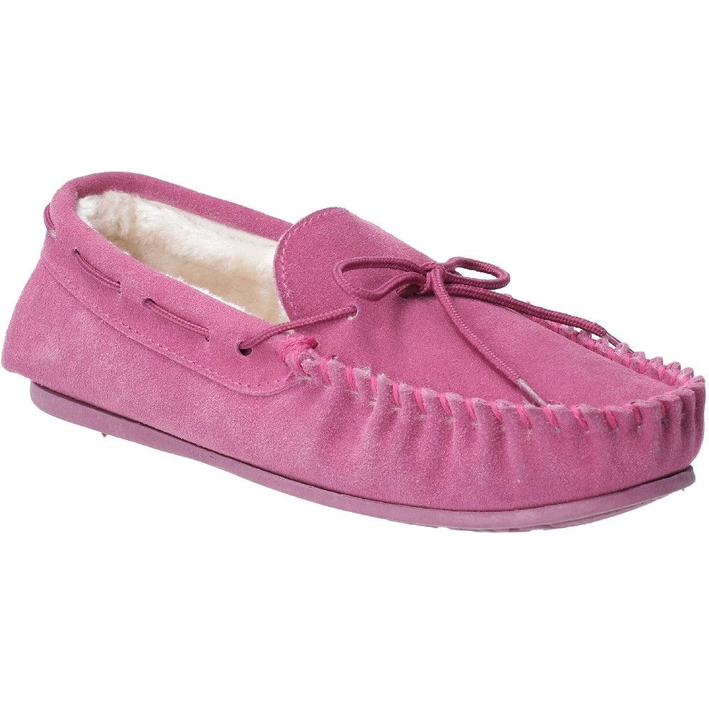 Pink suede slipper featuring a soft fur lining, decorative lacing, and a comfortable flat sole, perfect for cozy indoor wear.