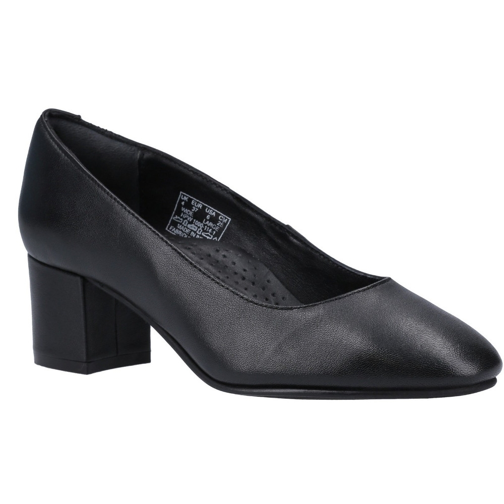 Black leather court shoes with a pointed toe and a block heel, featuring a smooth finish and perforated interior for breathability.