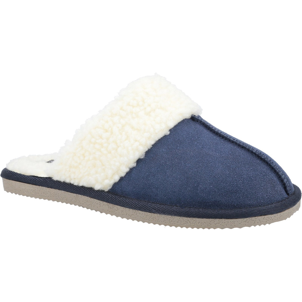 Navy suede mule slippers with a plush white faux fur lining and a textured rubber sole, designed for comfort and warmth.