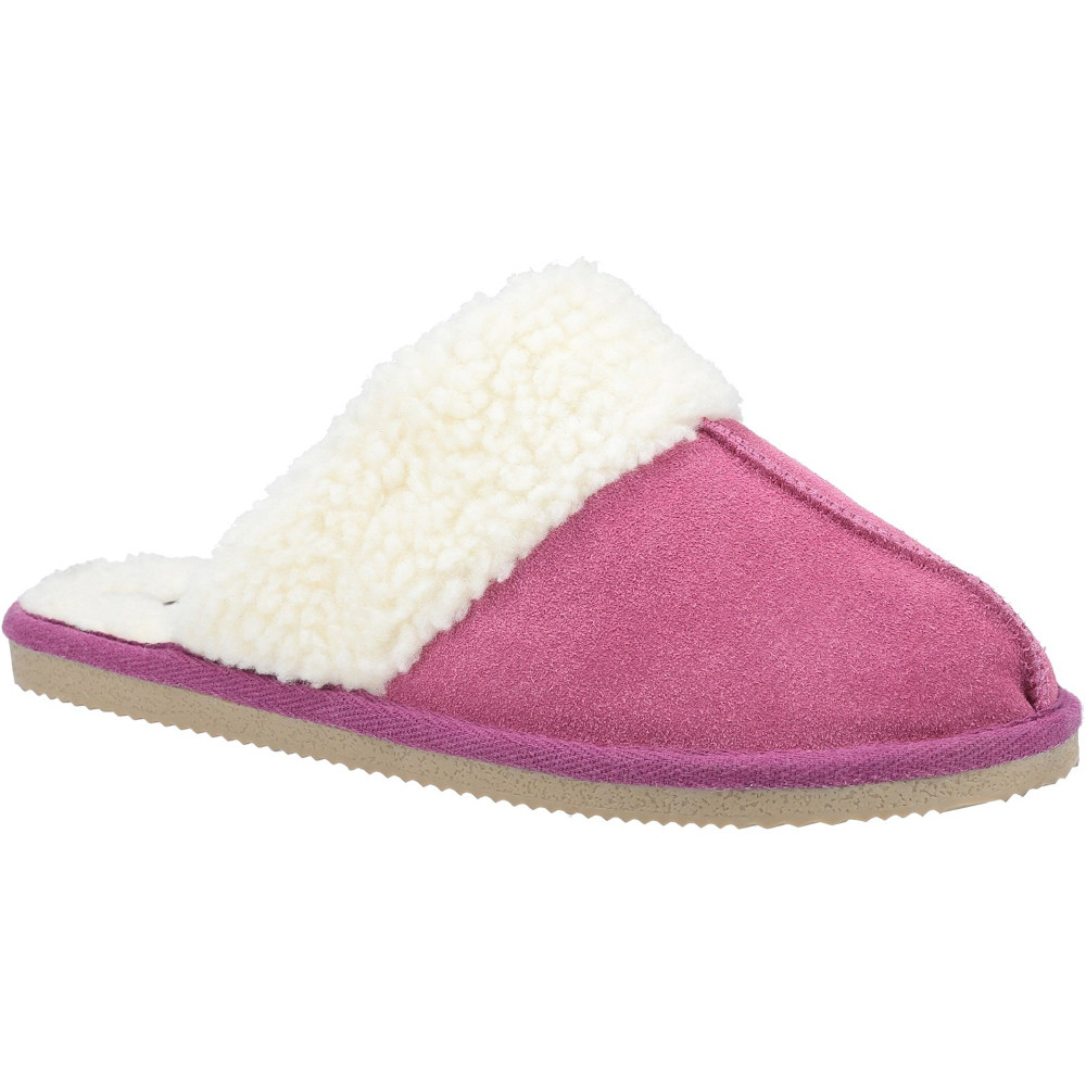 Pink suede mule slippers with a fluffy white faux fur lining and a cushioned sole, featuring a rounded toe and open back design for easy slip-on wear.