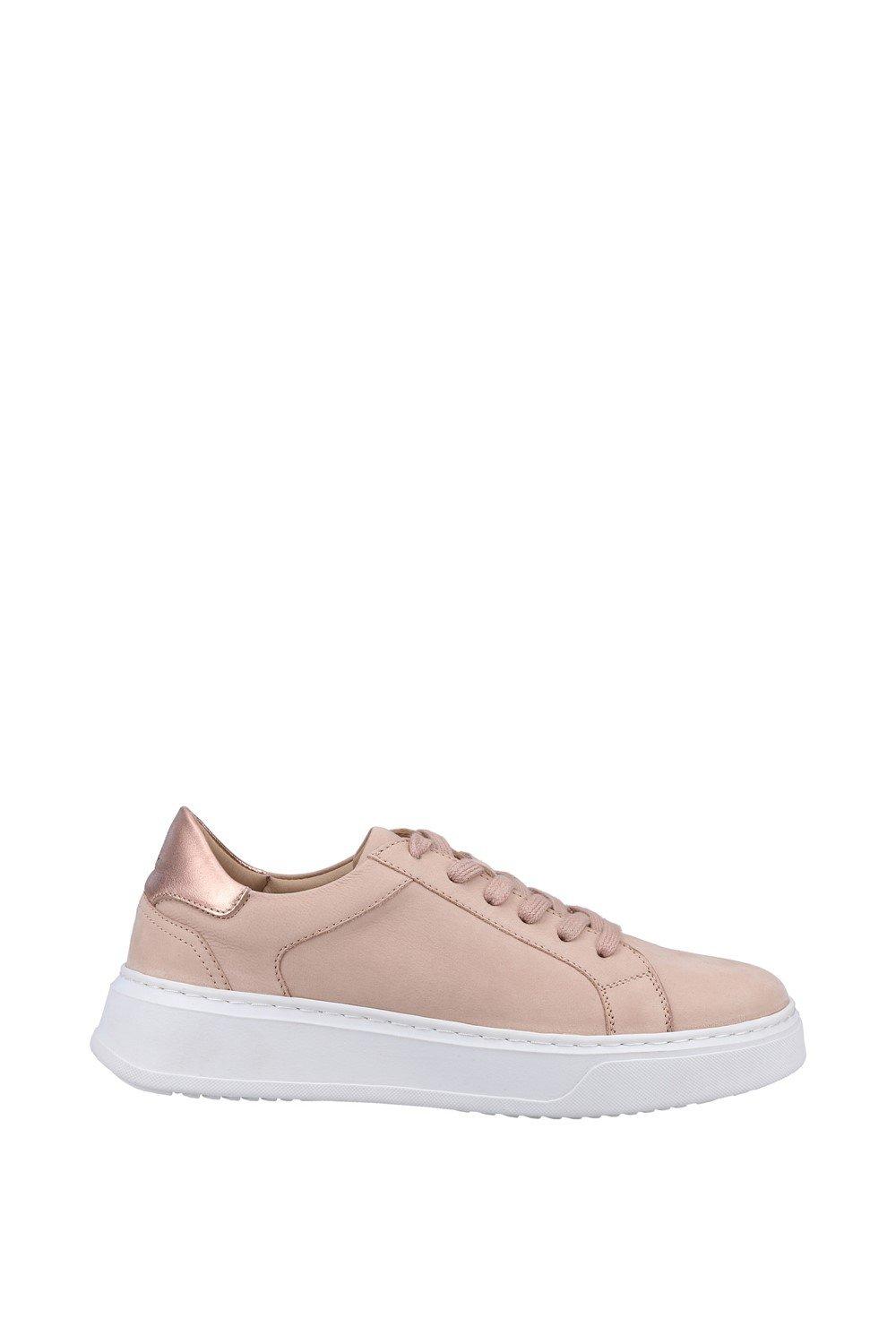 Light pink lace-up sneaker with a smooth leather upper, featuring a metallic rose gold heel tab and a thick white cupsole for added comfort.
