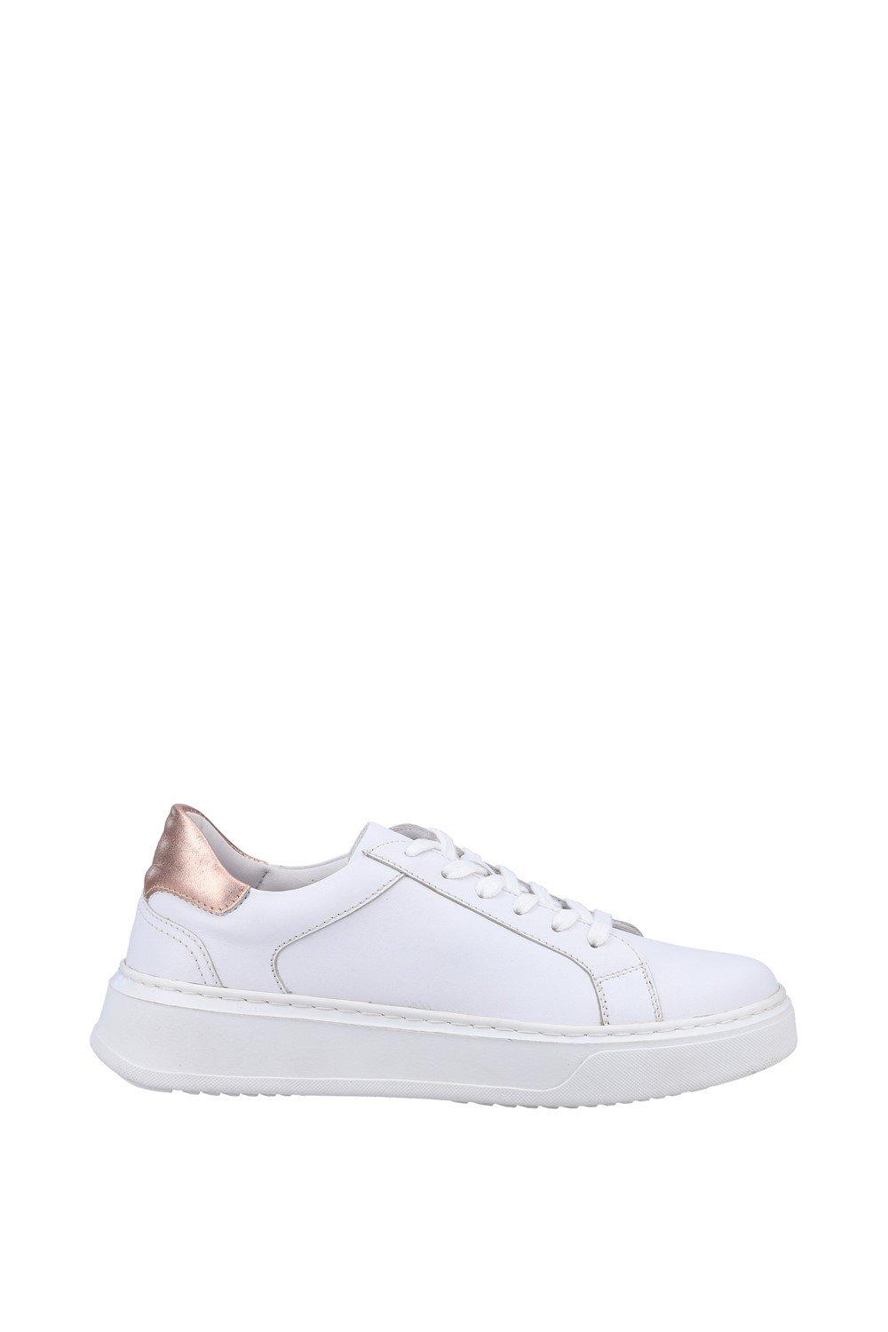 White lace-up sneakers with a cupsole design, featuring a metallic rose gold heel tab and subtle stitching details.