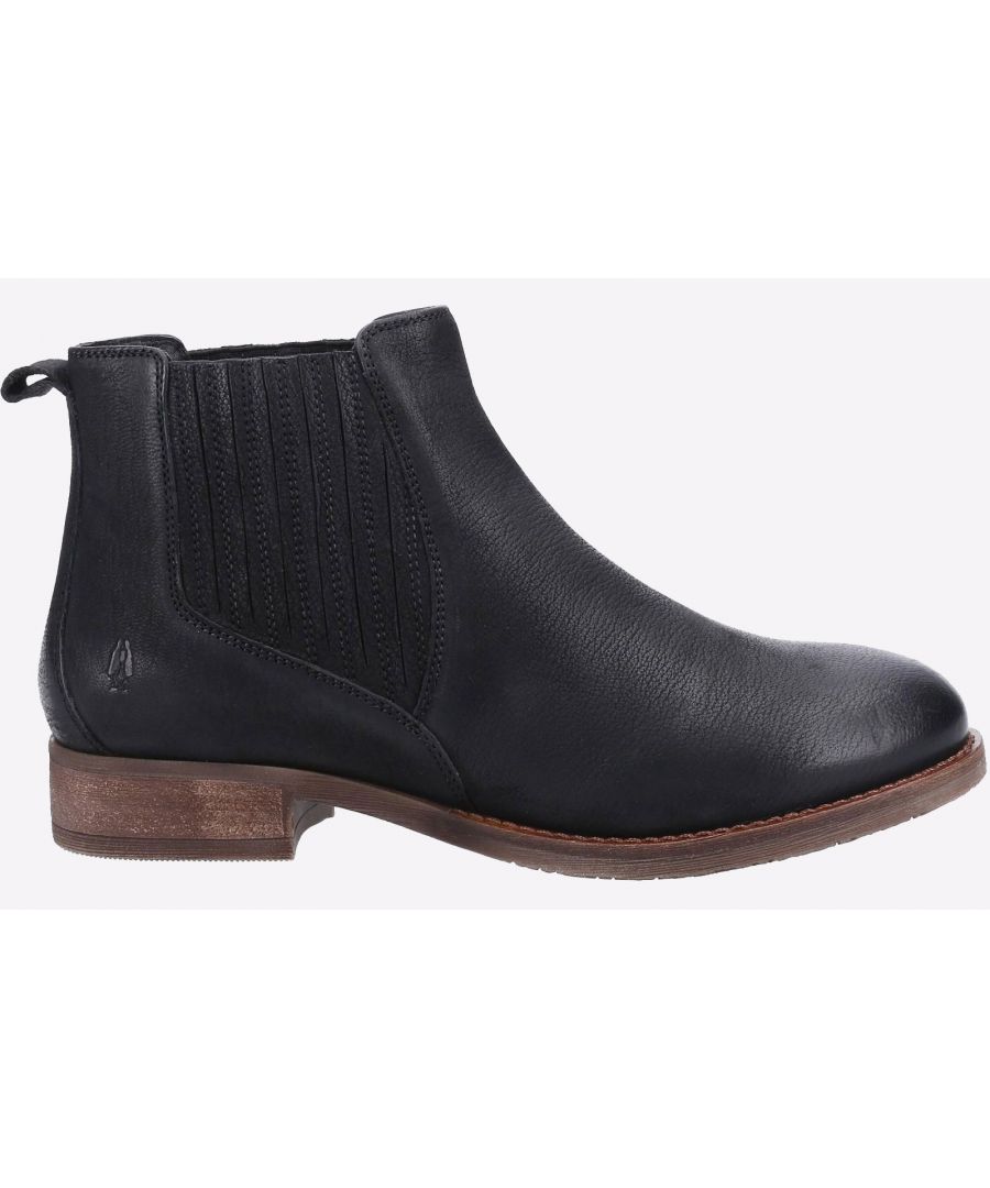 Black leather ankle boots featuring elastic side panels, a rounded toe, and a low stacked heel for a stylish and comfortable fit.