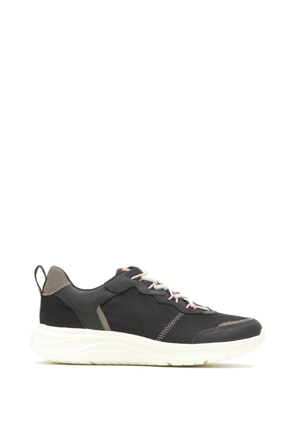 Black bungee lace women's sneakers by Hush Puppies, featuring a textured upper, contrasting grey accents, and a cushioned white sole, in size UK 3.