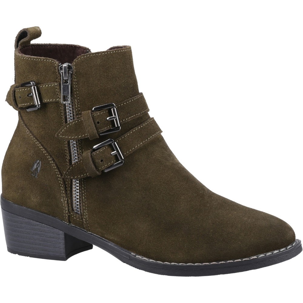 Khaki suede ankle boots featuring two decorative buckles, a side zipper, and a low stacked heel for a stylish yet comfortable look.