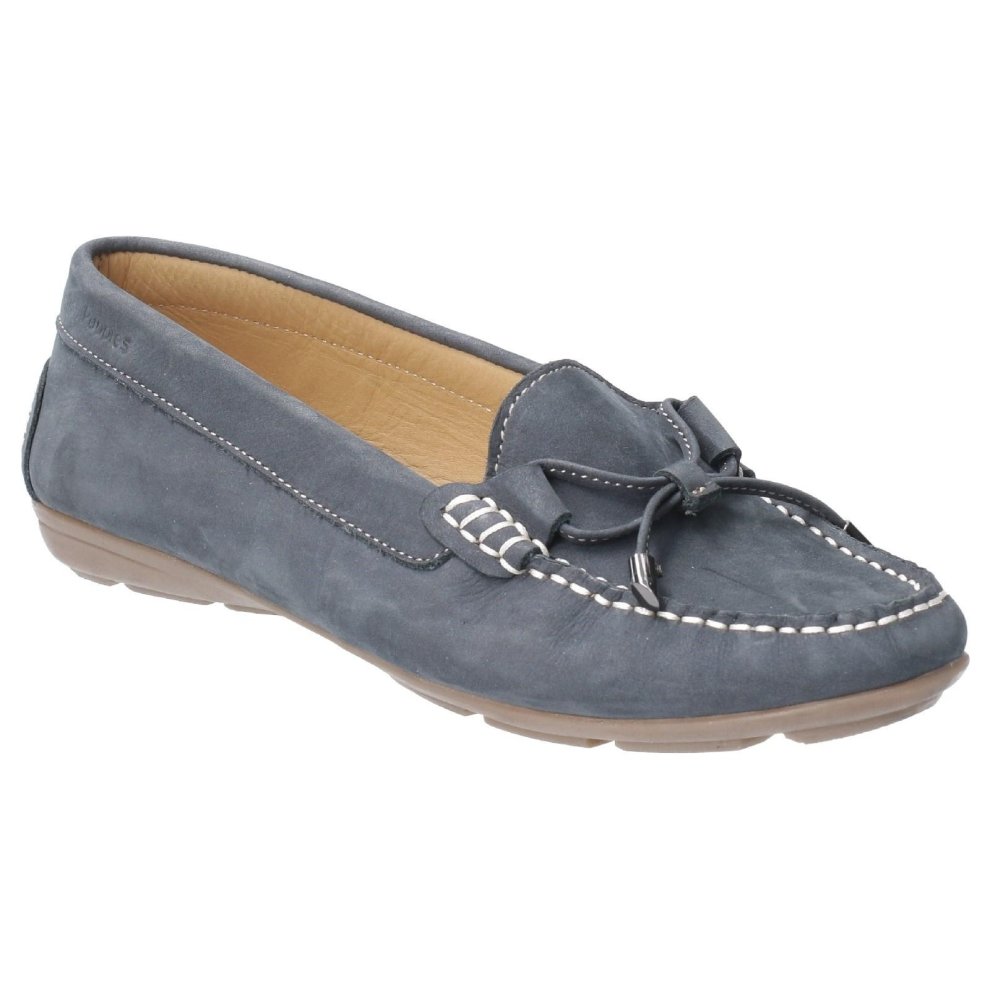 Navy leather slip-on shoe with a toggle closure, featuring decorative stitching and a comfortable flat sole, size 8 (UK).