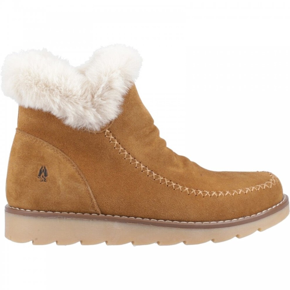 Tan suede mid boot with a fluffy white fur collar, featuring decorative stitching and a textured rubber sole for comfort and style.
