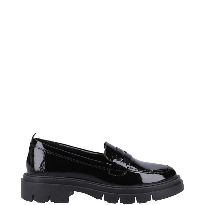 Black patent leather loafer with a chunky black sole and a classic penny slot design, featuring a sleek silhouette suitable for casual or formal wear.