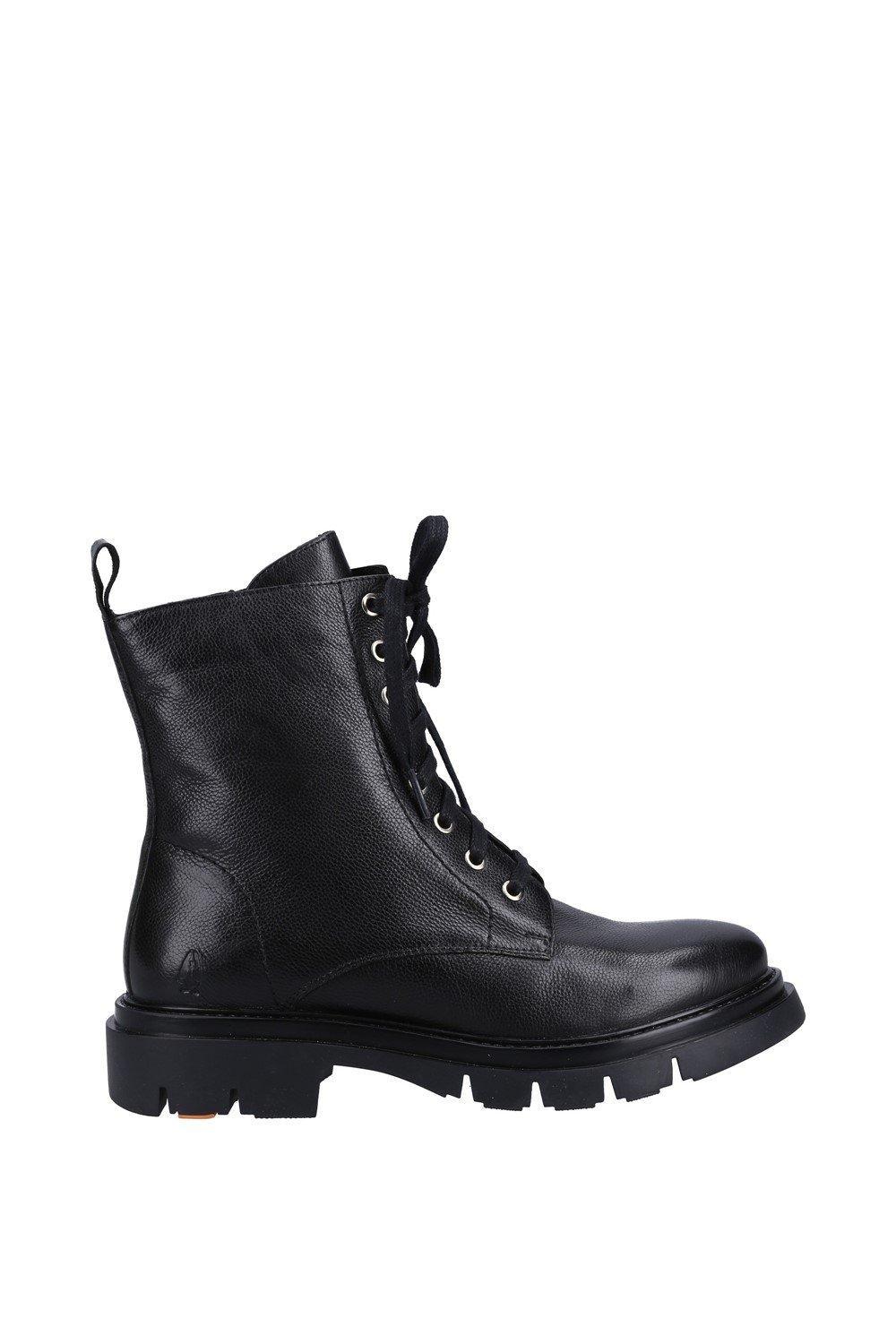 Black leather lace-up ankle boot with a round toe, featuring metal eyelets, a sturdy sole, and a pull tab at the back for easy wear.
