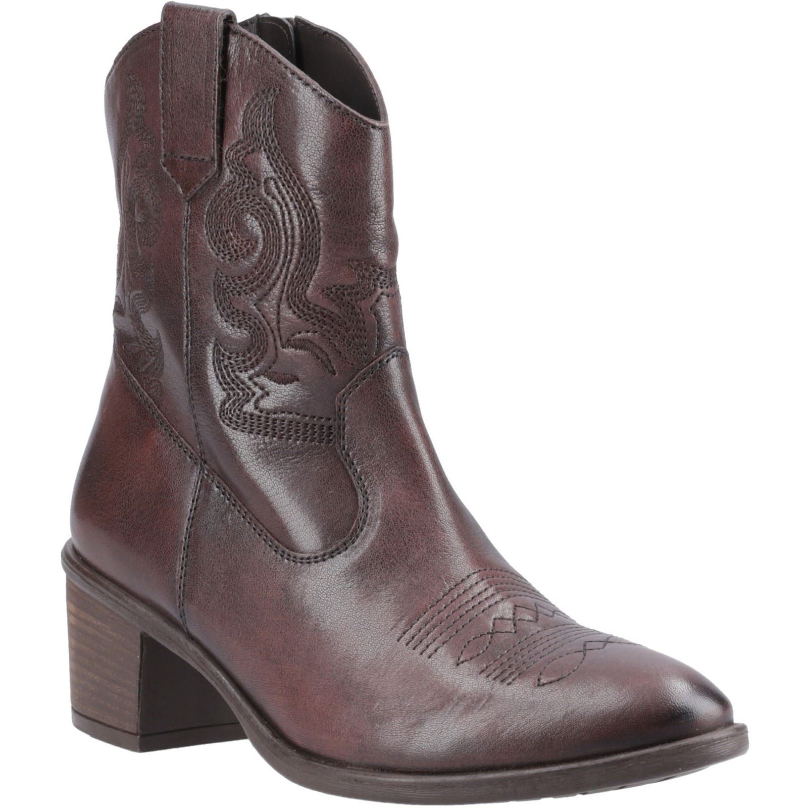 Chocolate brown leather ankle boots with a decorative stitched design, featuring a low block heel and side pull tabs for easy wear.