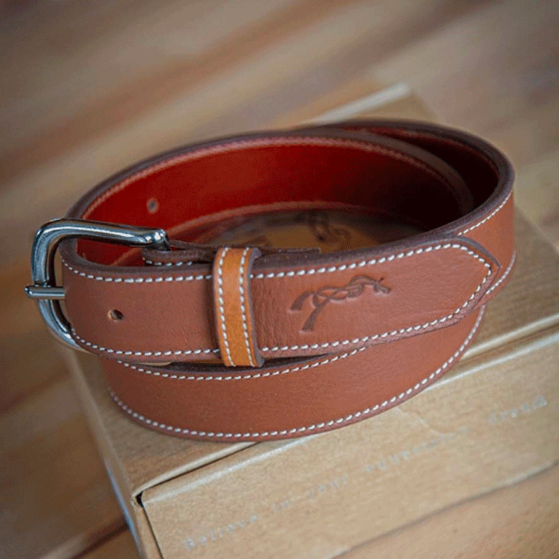 Brown leather belt with a silver metal buckle, featuring a subtle embossed logo and contrasting orange stitching along the edges.