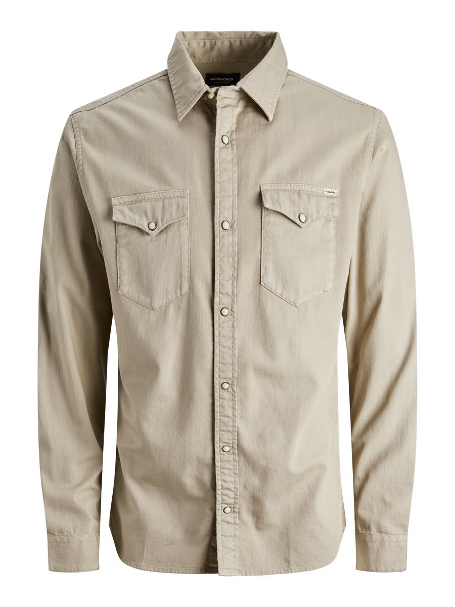 Light beige long-sleeve shirt with a button-up front, two chest pockets, and a classic collar, made from a soft, durable fabric.